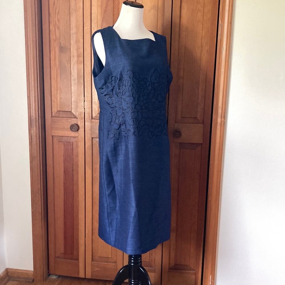 Preston & York Navy Blue Embroidered Sheath Dress, Size 14